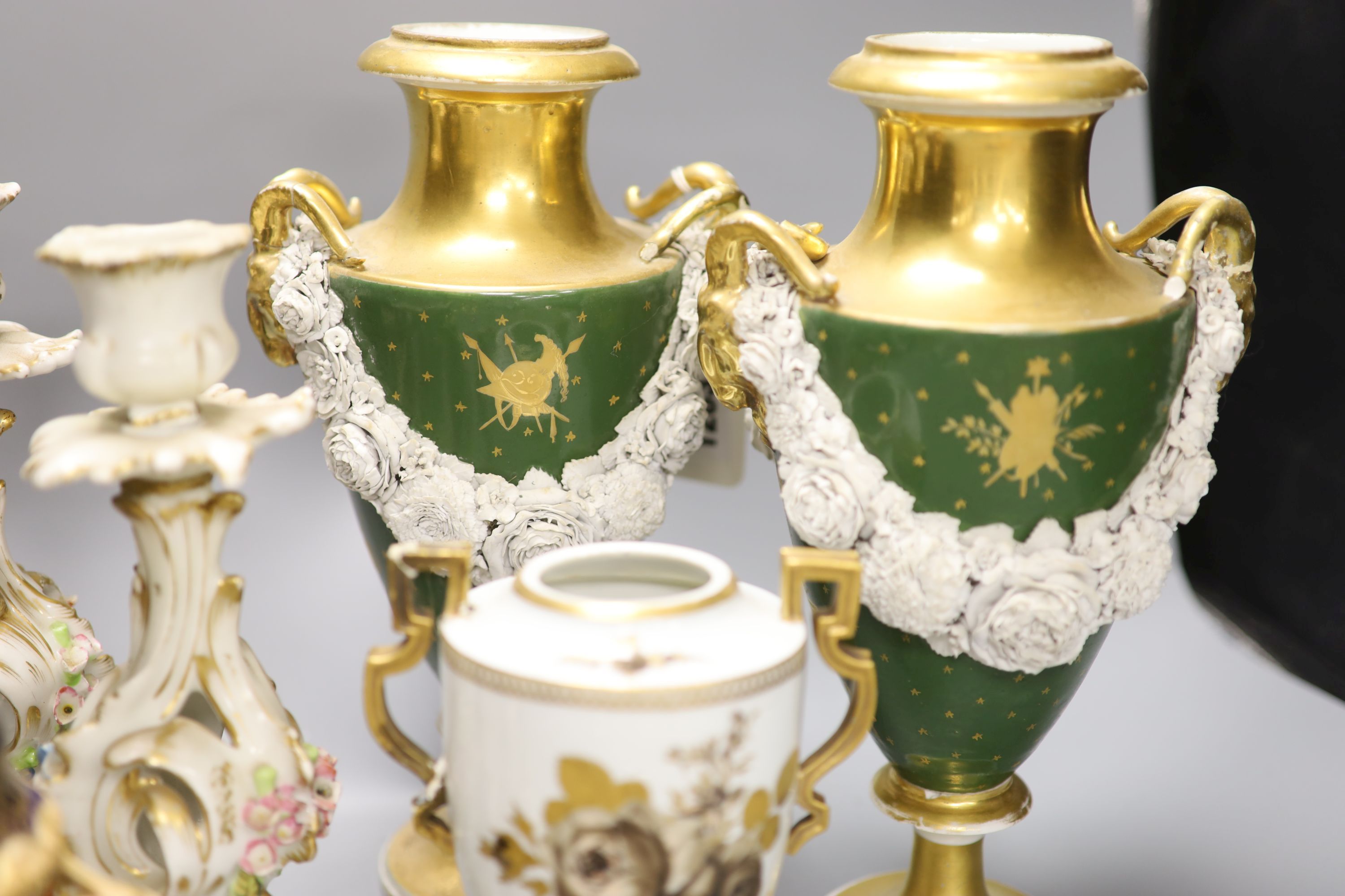 A pair of French porcelain vases, a pair Coalbrookdale style vases, a pair of Paris candlesticks and a Meissen Marcolini period vase, t